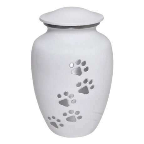 Elegant White Pet Cremation Urn with Silver Paw Print Design – Secure & Durable Memorial